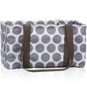 Thirty one medium utility tote in grey mod dot pattern. New in package